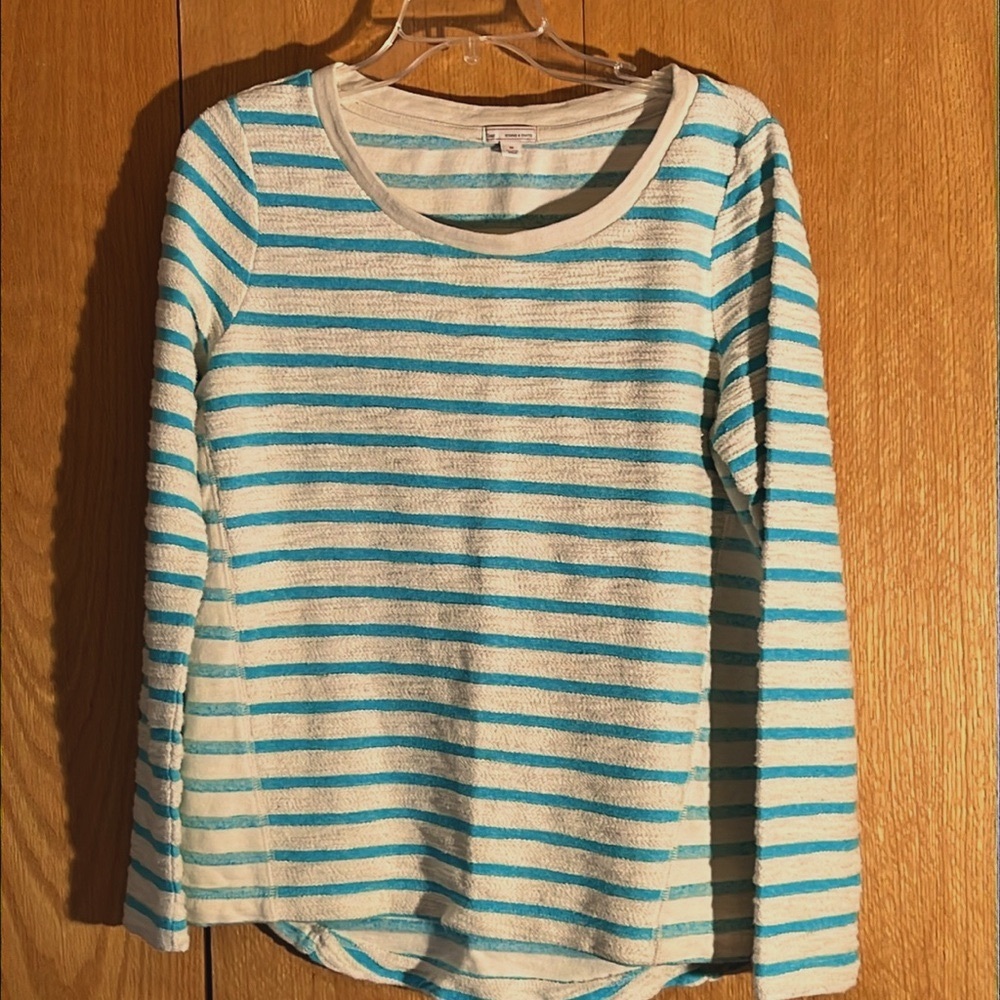 Gap MEDIUM 100% cotton reverse terry cloth white ice blue striped sweatshirt EUC